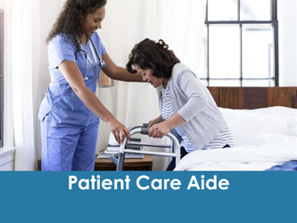 A patient care aide assists a woman with a walker