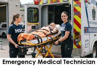 Two EMT students learn how to load an ambulance