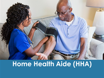 A home health aide assists a patient with a blood pressure cuff
