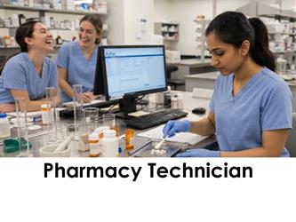 A pharmacy tech student studies patiently while her colleagues laugh and mess around.